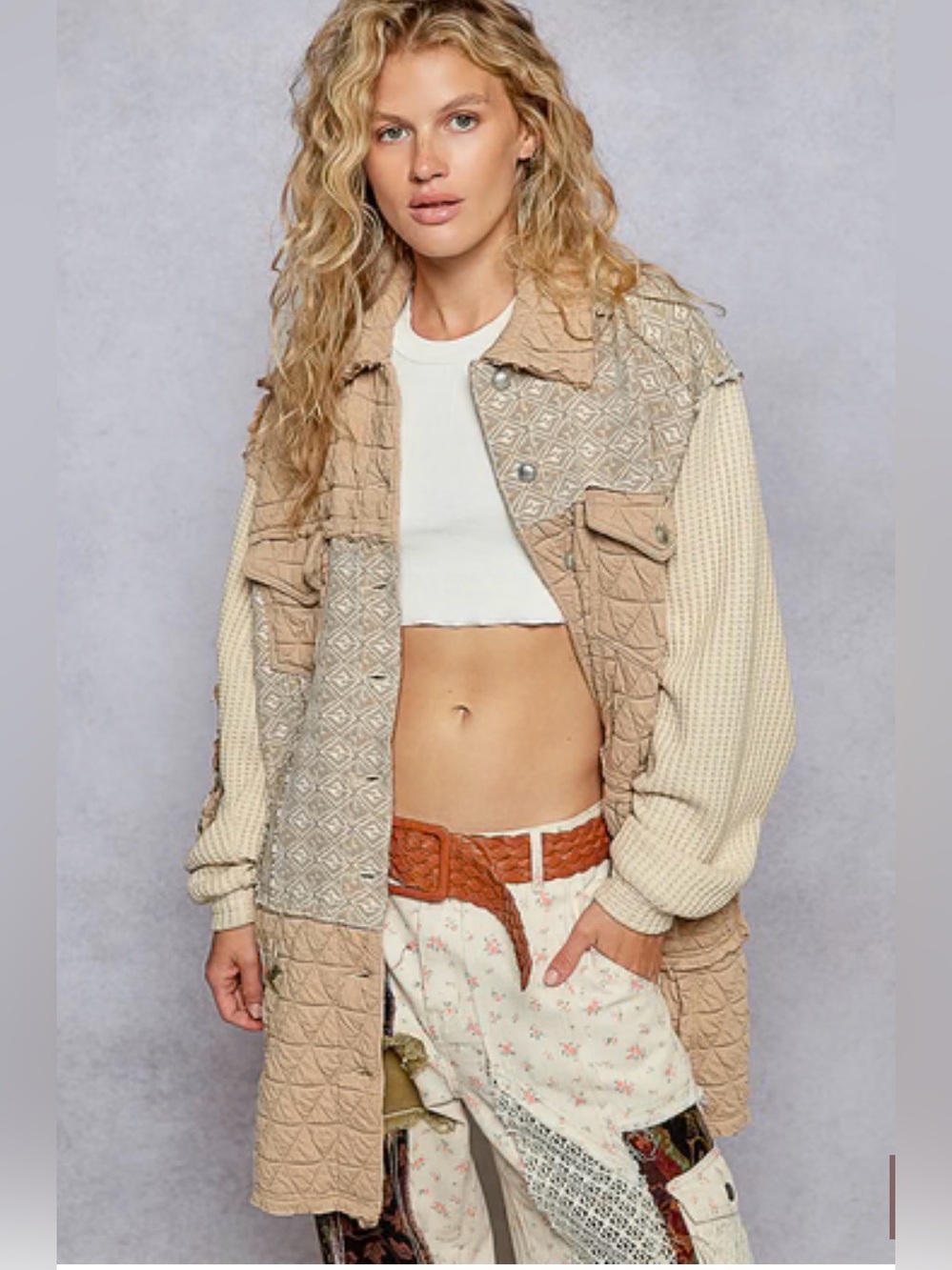 NWOT POL Quilted and Knit Long Loose Fit Jacket in Chocolate Multi Size Medium